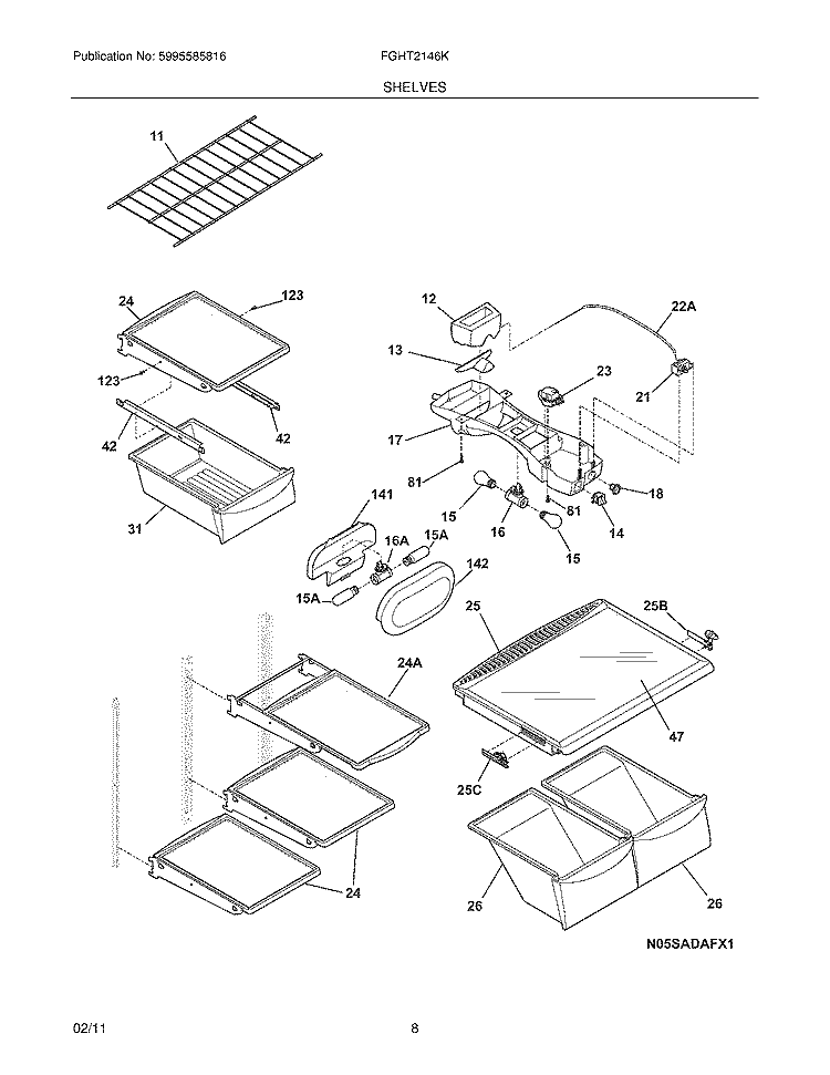 SHELVES Diagram and Parts List for FGHT2146KF3  Frigidaire Refrigerator