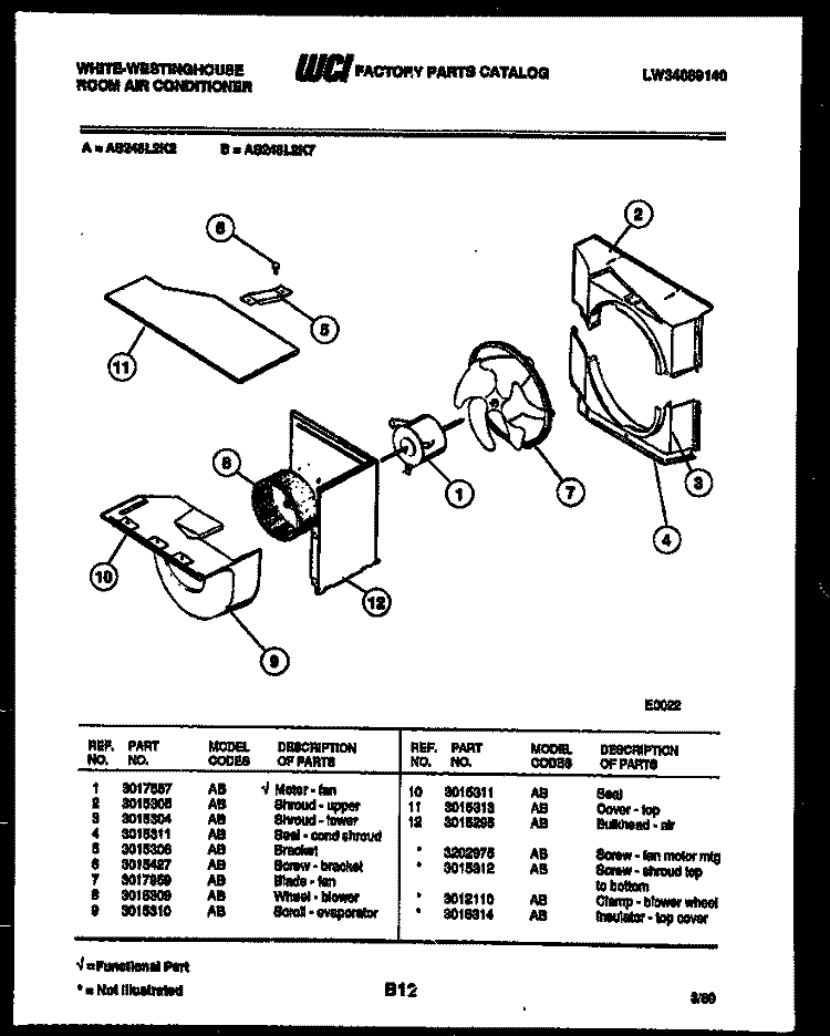 AIR HANDLING PARTS Diagram and Parts List for AS248L2K2  Frigidaire Air Conditioner