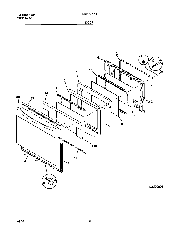 DOOR Diagram and Parts List for FEFB68CBA  Frigidaire Range