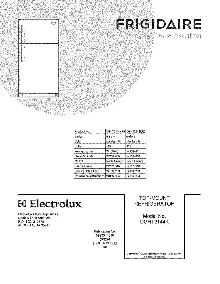 COVER Diagram and Parts List for DGHT2144KR0  Frigidaire Refrigerator