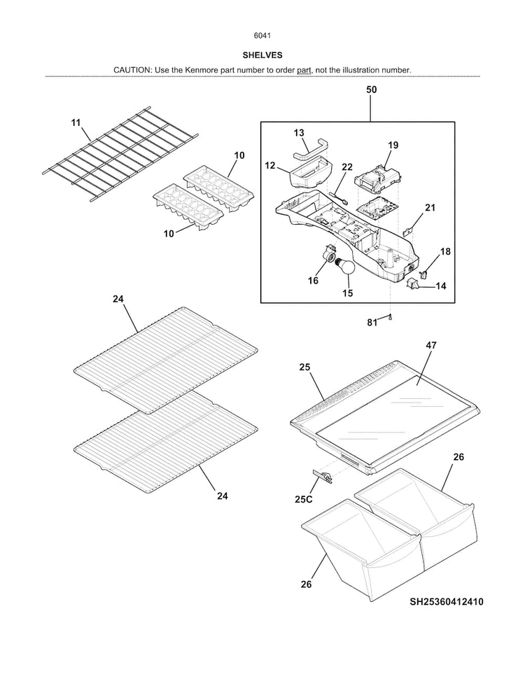 Shelves Diagram and Parts List for 25360419414  Kenmore Refrigerator