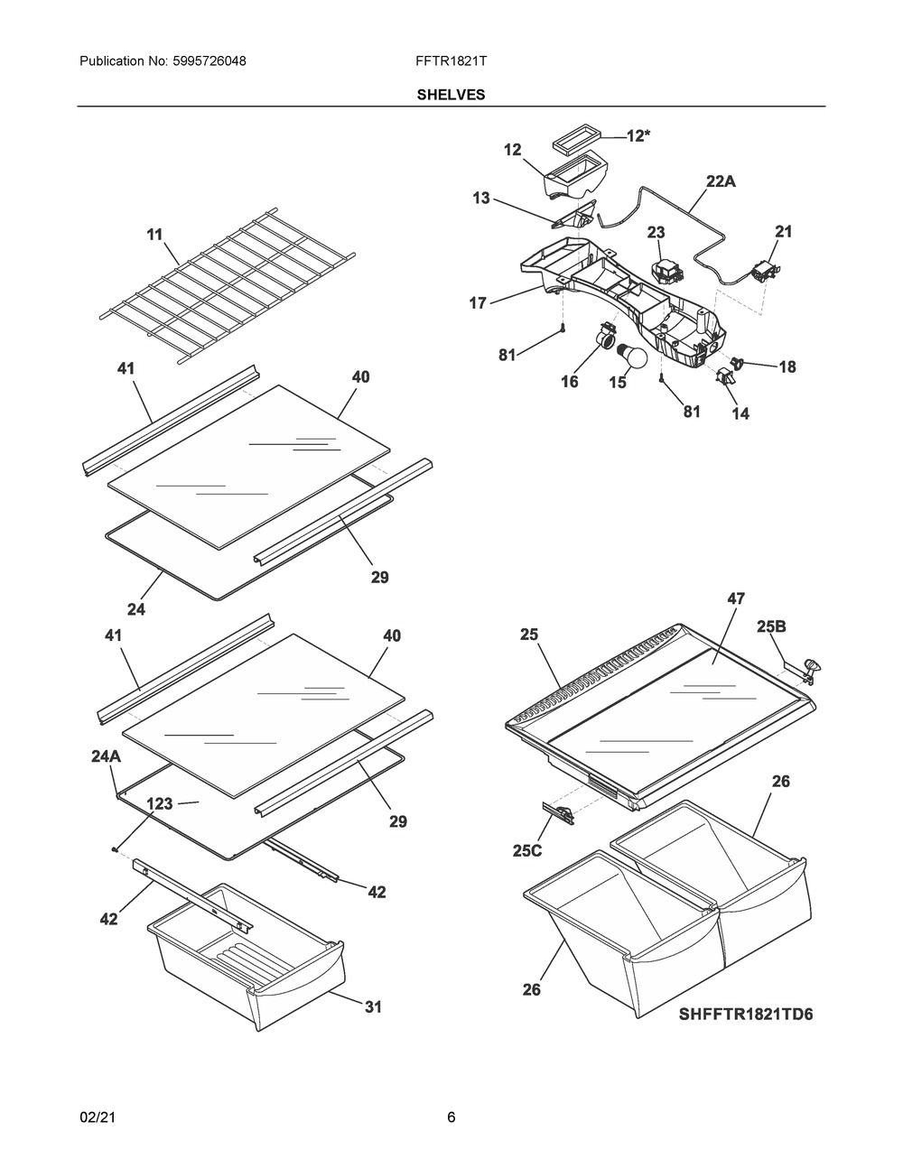 Shelves Diagram and Parts List for FFTR1821TDB  Frigidaire Refrigerator