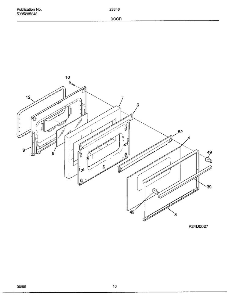 Door Diagram and Parts List for 283460B  Frigidaire Range
