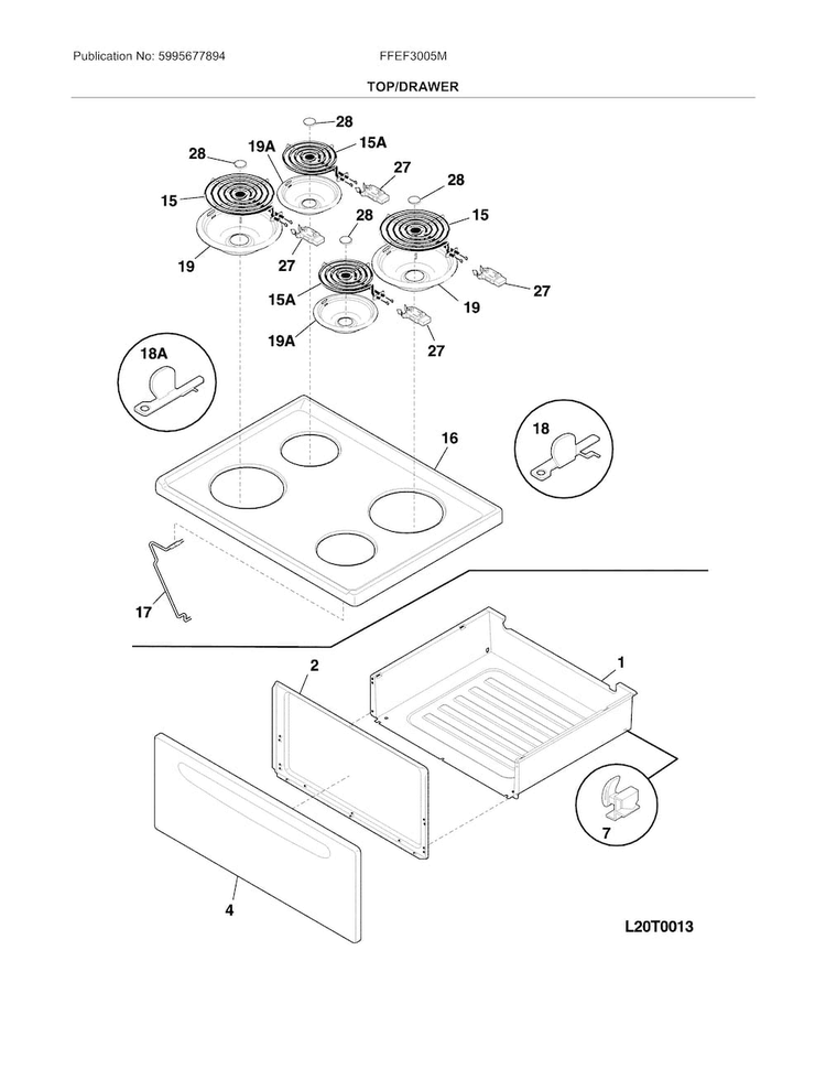 Top/drawer Diagram and Parts List for FFEF3005MQF  Frigidaire Range