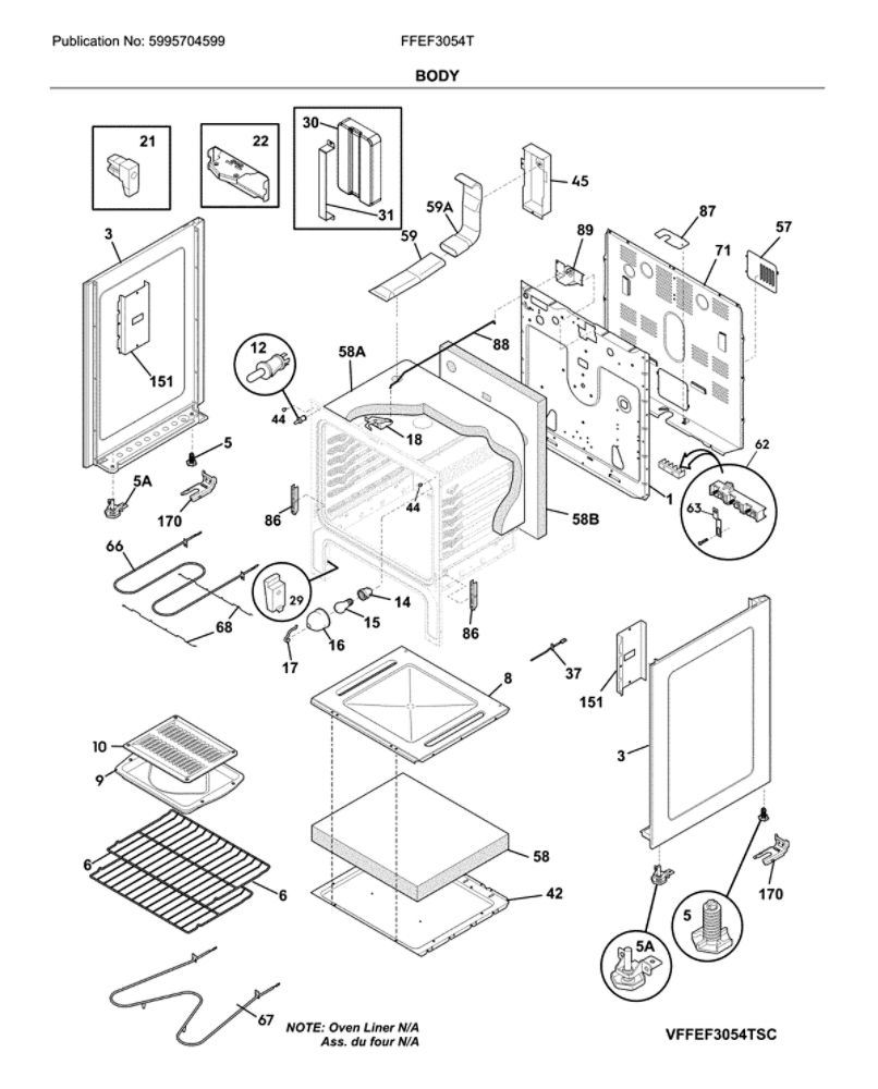Body Diagram and Parts List for FFEF3054TWF  Frigidaire Range