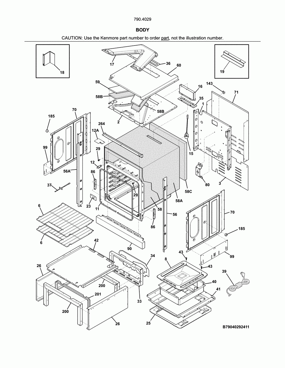 Body Diagram and Parts List for 79040292412  Kenmore Wall Oven