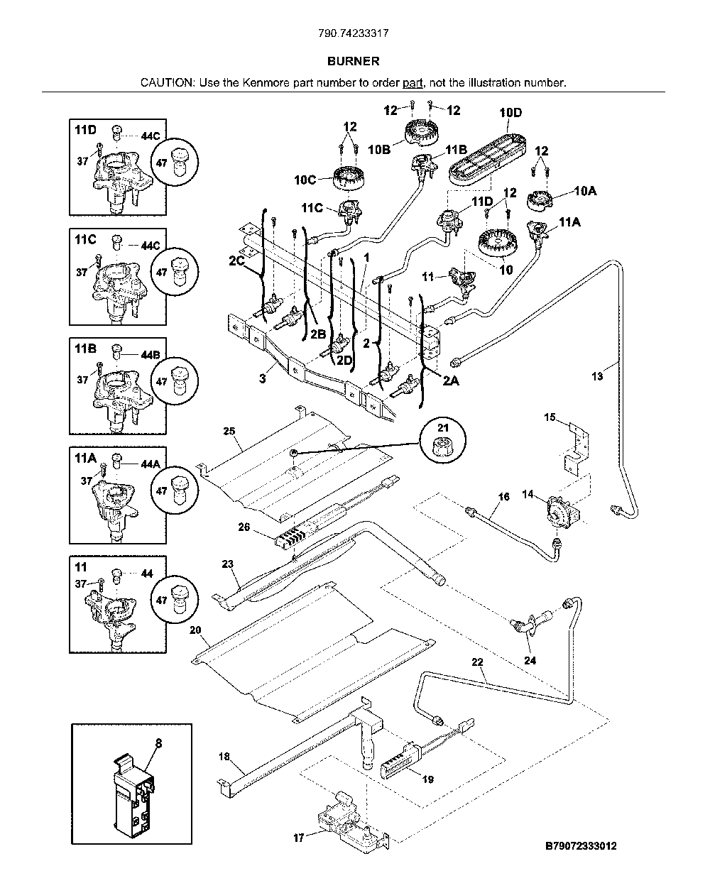 Burner Diagram and Parts List for 79074233317  Kenmore Range