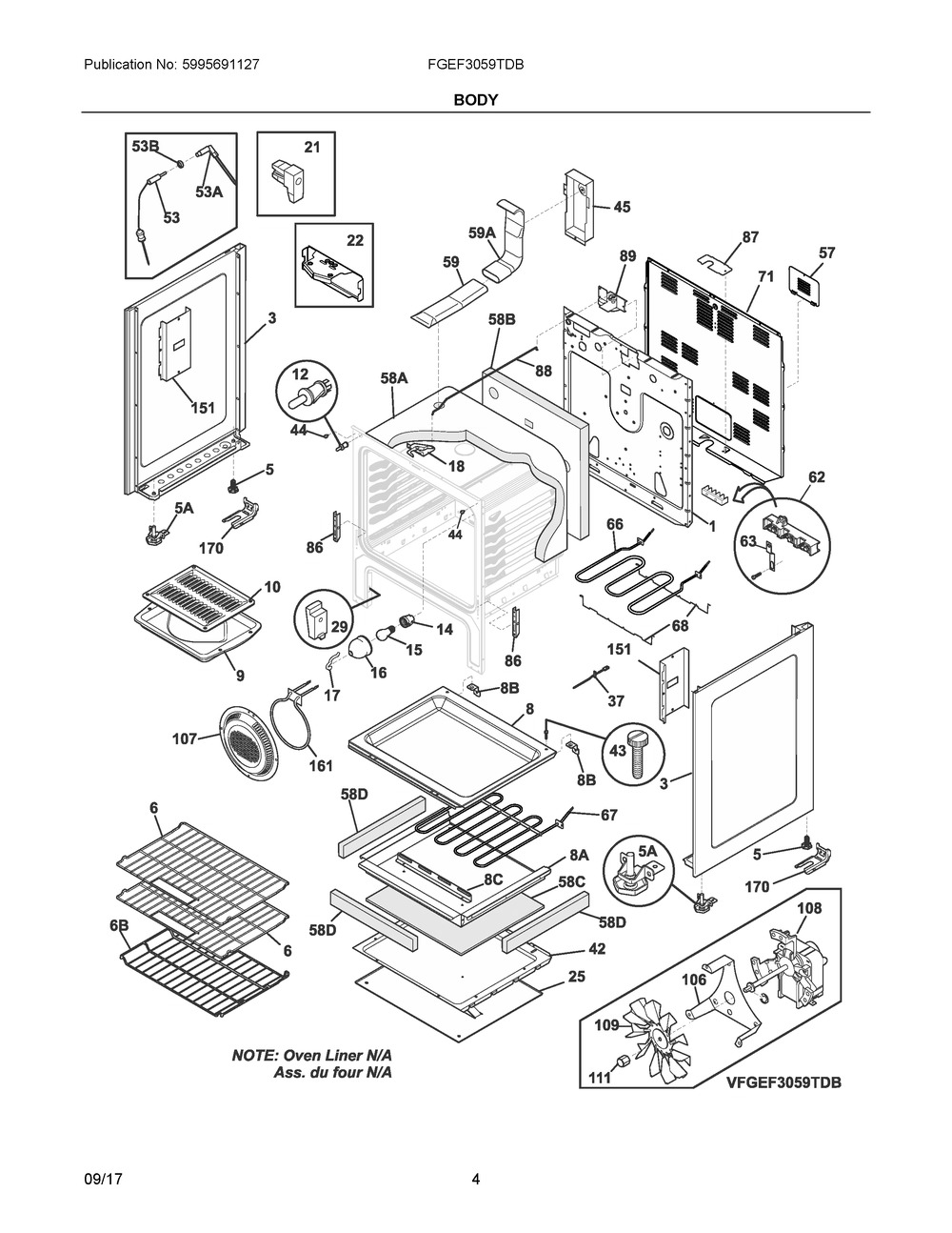 Body Diagram and Parts List for FGEF3059TDB  Frigidaire Range