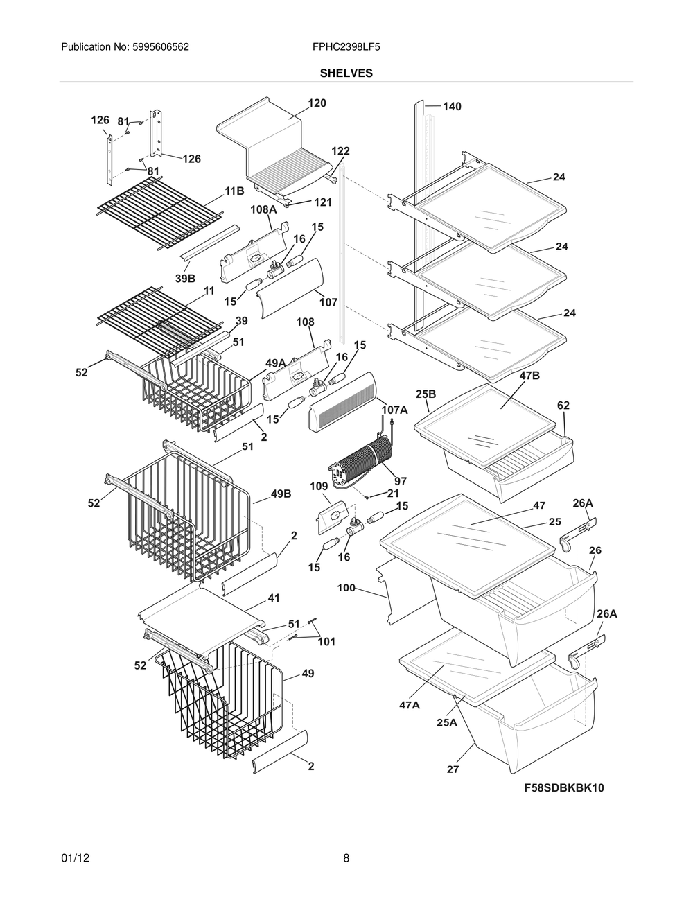 Shelves Diagram and Parts List for FPHC2398LF5  Frigidaire Refrigerator