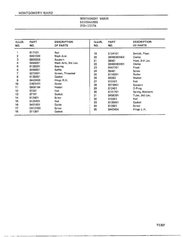Dishwasher Page 8 Diagram and Parts List for 1037B  Frigidaire Dishwasher