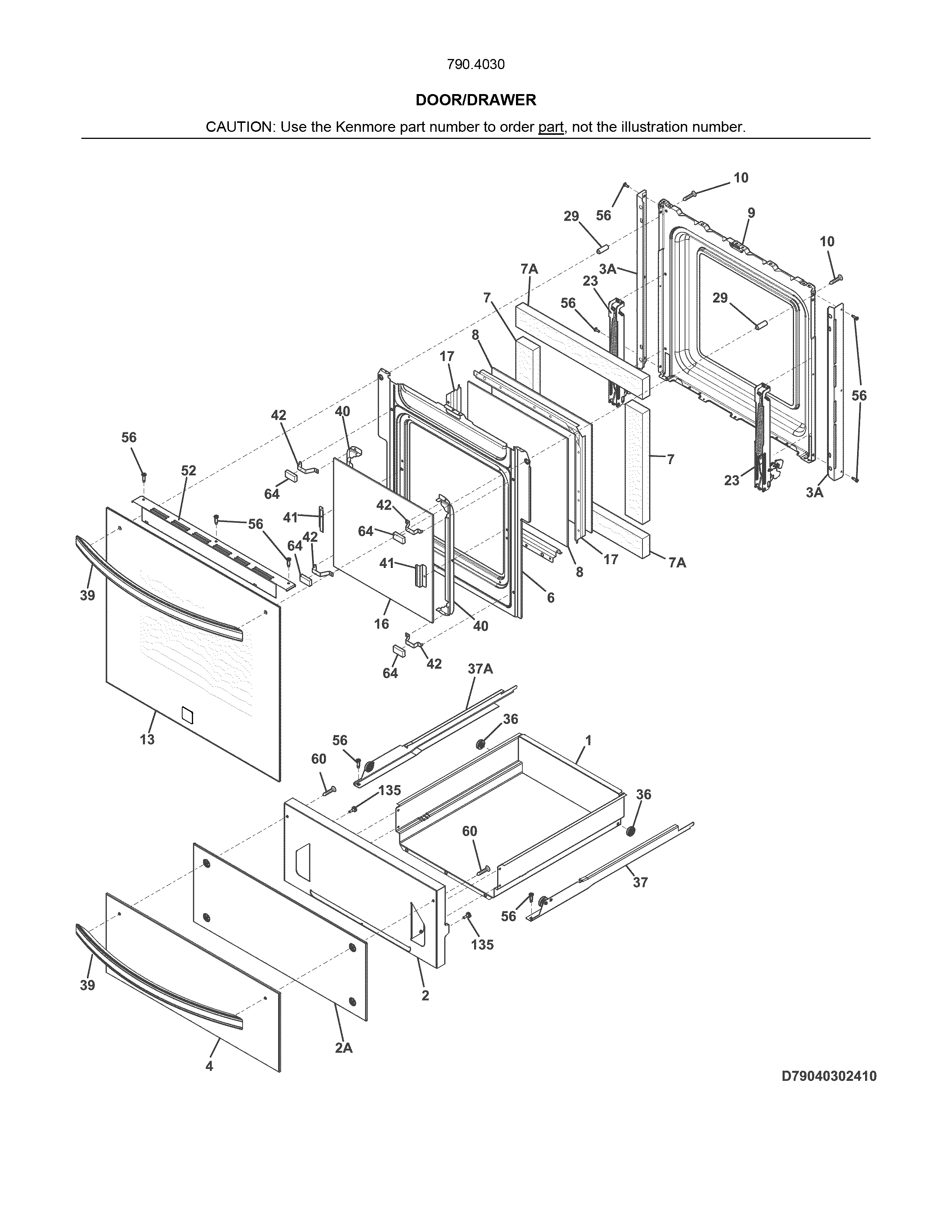 Door/drawer Diagram and Parts List for 79040309410  Kenmore Wall Oven
