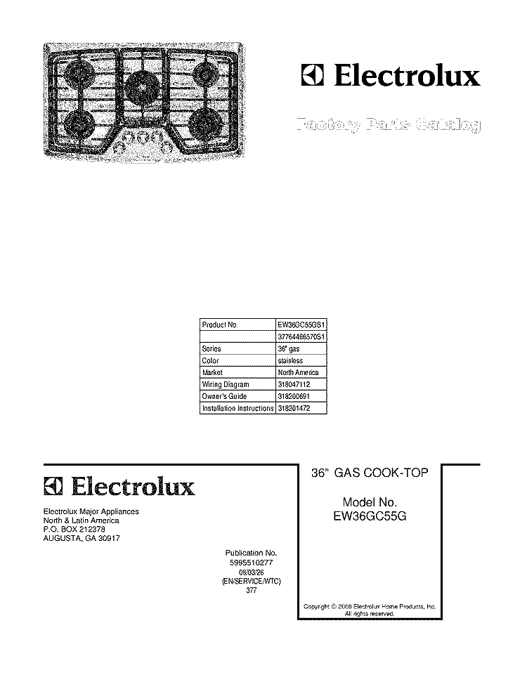 COVER Diagram and Parts List for EW36GC55GS1  Electrolux Cooktop