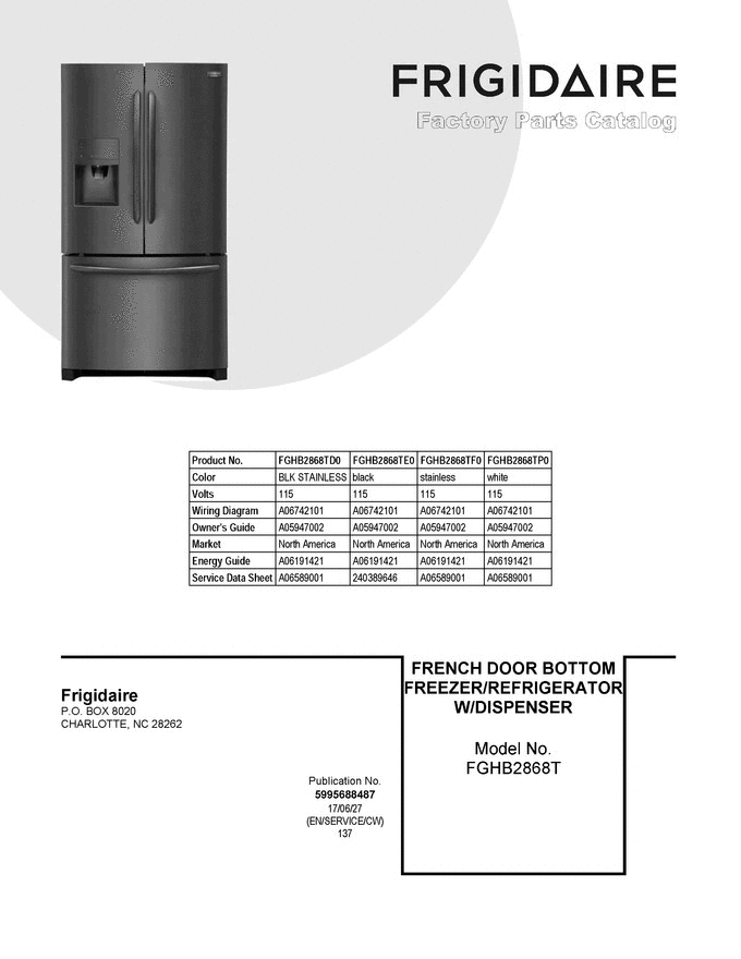 01 - Cover Sheet Diagram and Parts List for FGHB2868TD0  Frigidaire Refrigerator