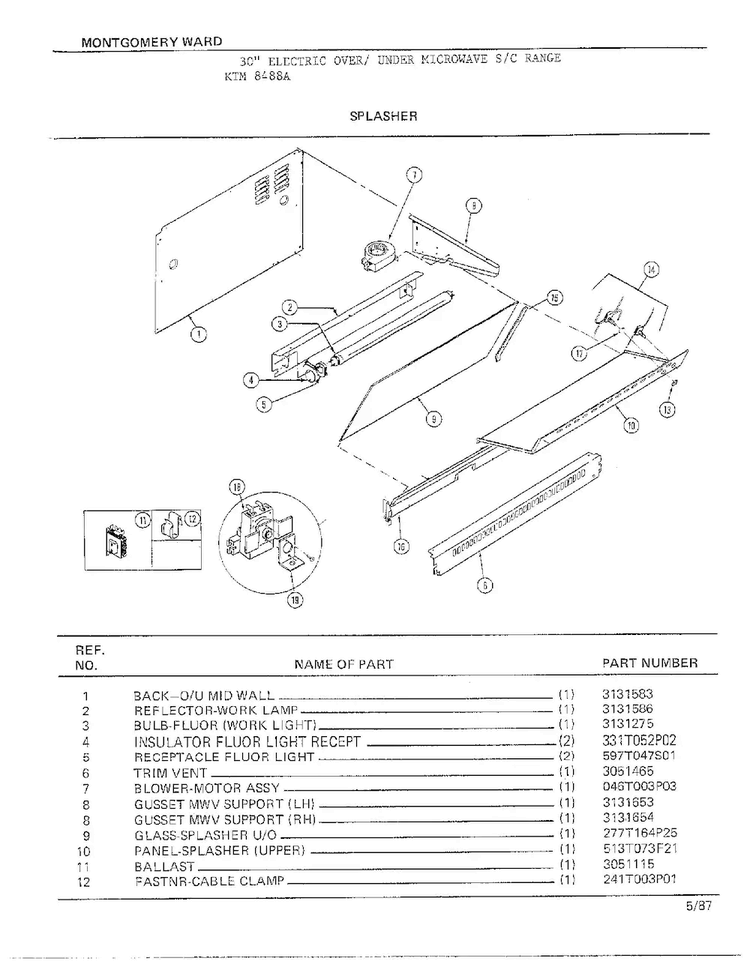 Splasher Diagram and Parts List for 8488A  Frigidaire Range