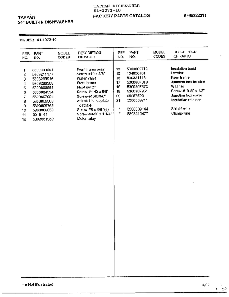 24" Built-in Dishwasher Page 8 Diagram and Parts List for 61-1072-10  Frigidaire Dishwasher