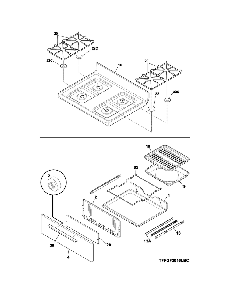 Top/drawer Diagram and Parts List for FFGF3015LBF  Frigidaire Range