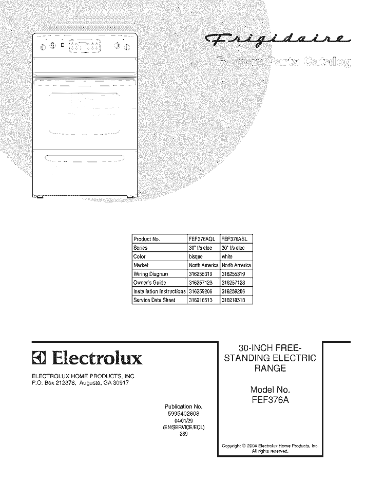 COVER Diagram and Parts List for FEF376AQL  Frigidaire Range