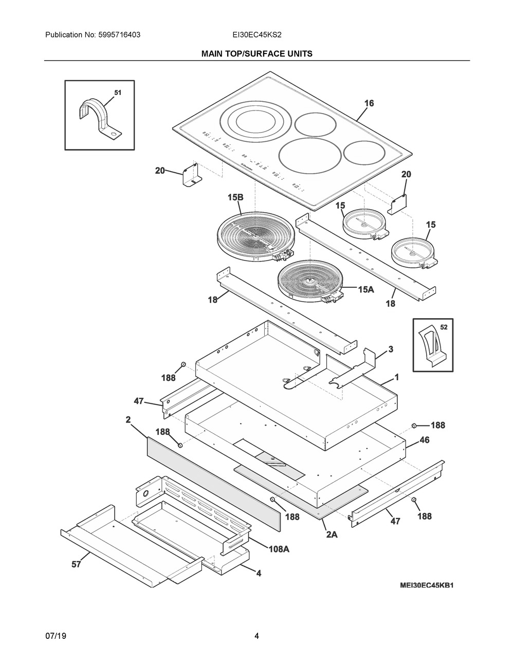 Main Top/surface Units Diagram and Parts List for EI30EC45KS2  Frigidaire Cooktop