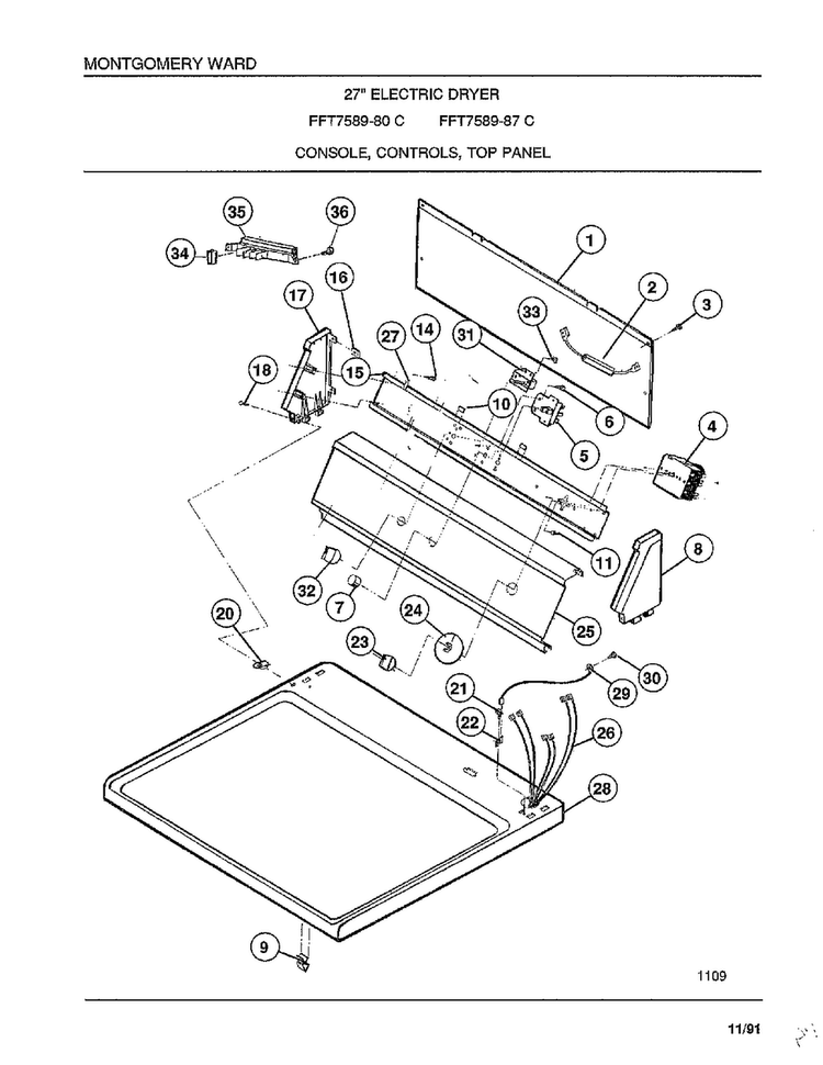 Console/controls/top Panel Diagram and Parts List for 7589-80C  Frigidaire Dryer