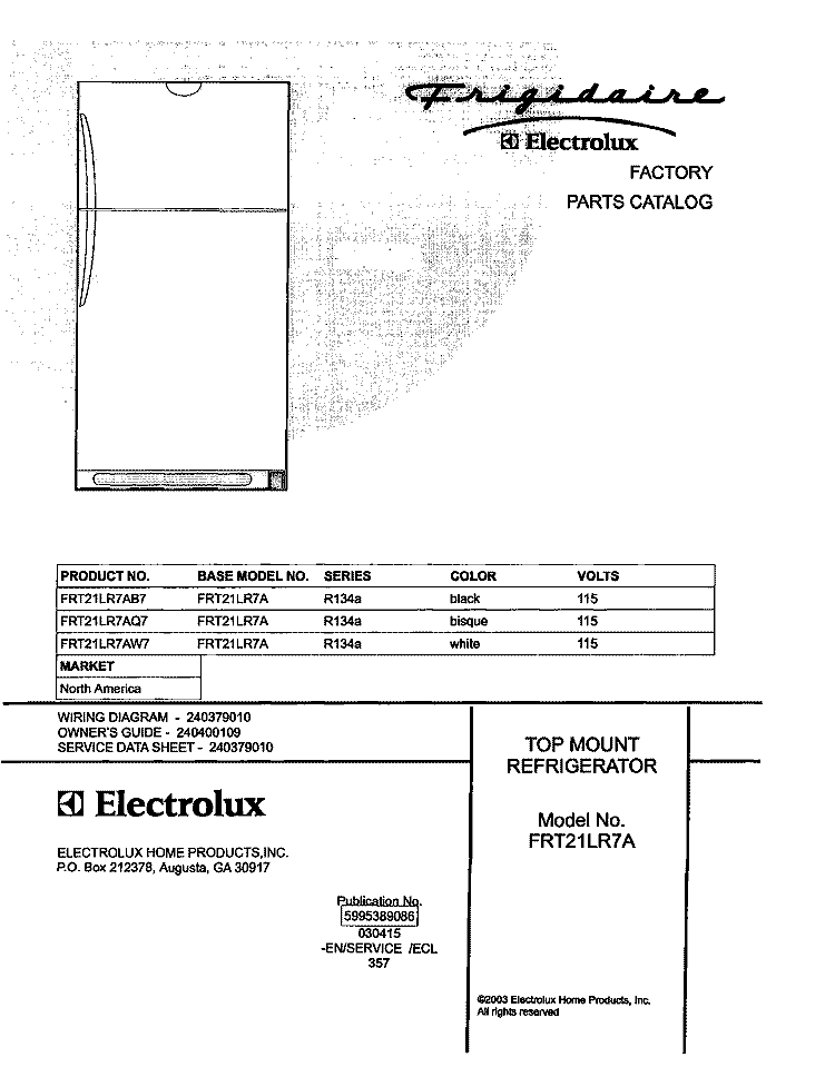 COVER Diagram and Parts List for FRT21LR7AQ7  Frigidaire Refrigerator