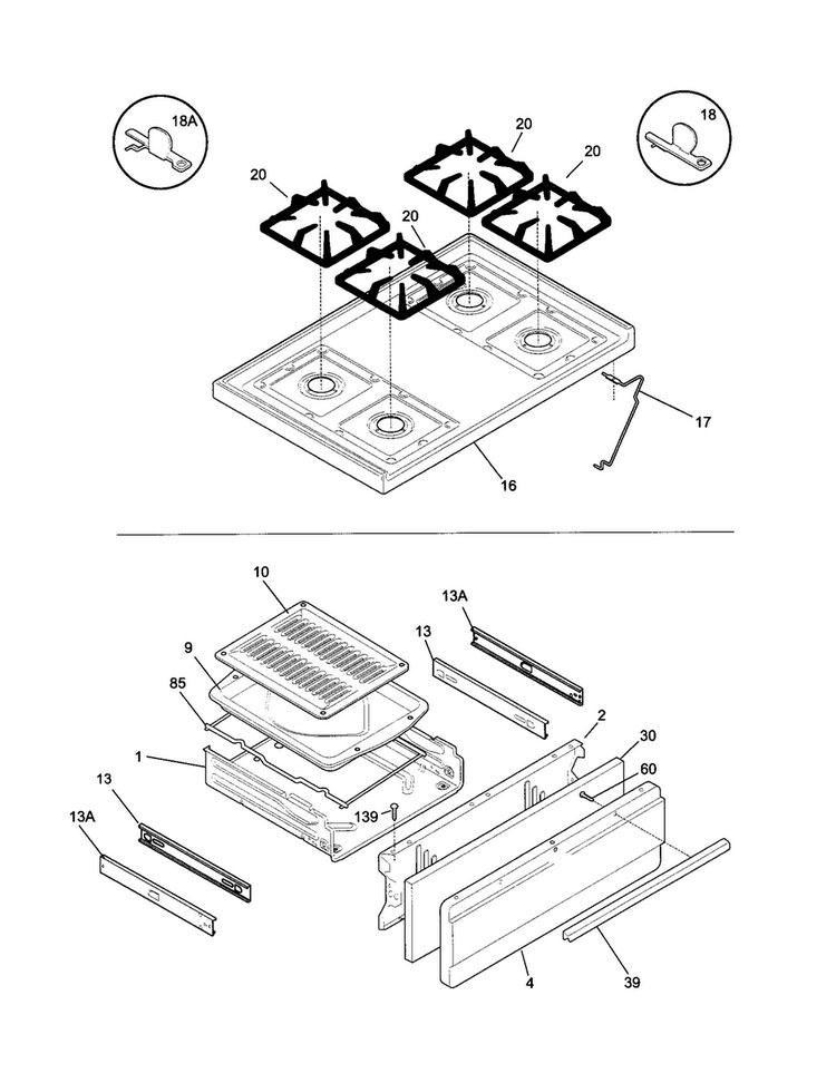 Top/drawer Diagram and Parts List for TGO336BGD2  Tappan Range