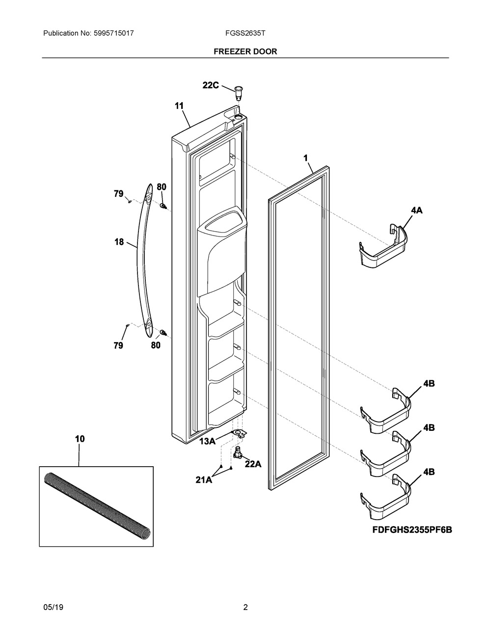Freezer Door Diagram and Parts List for FGSS2635TP6  Frigidaire Refrigerator