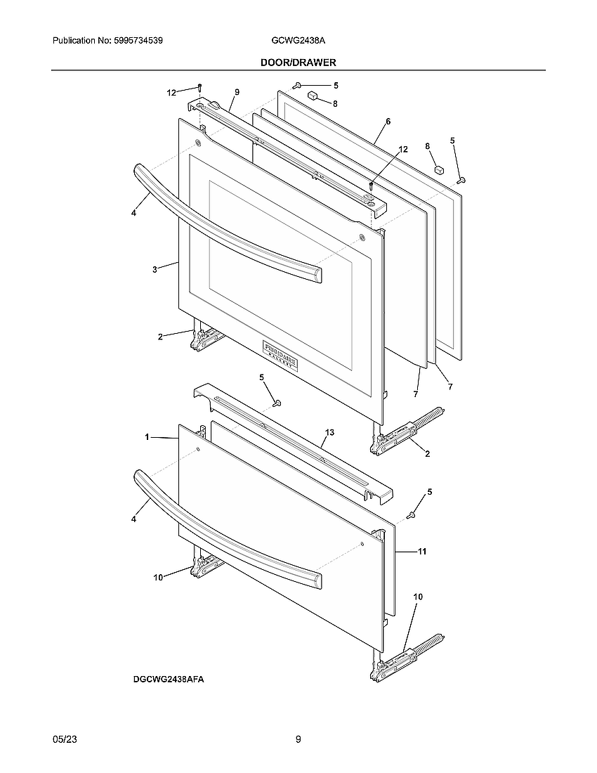 Door/Drawer Diagram and Parts List for GCWG2438AFA  Electrolux Wall Oven
