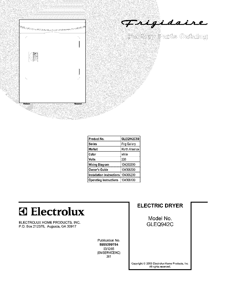 COVER Diagram and Parts List for GLEQ942CS0  Frigidaire Dryer