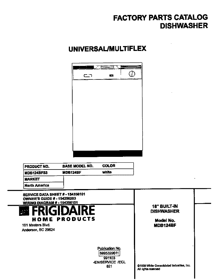 COVER Diagram and Parts List for MDB124BFS3  Frigidaire Dishwasher