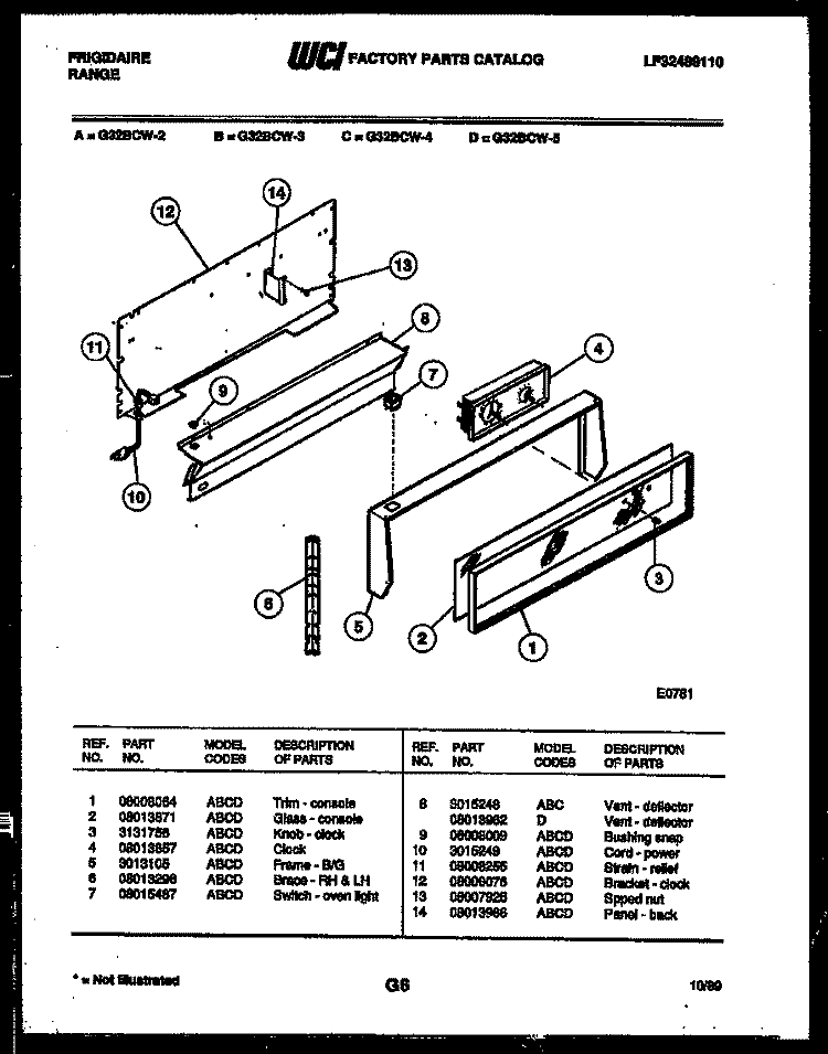 CONTROL PANEL Diagram and Parts List for G32BCL2  Frigidaire Range