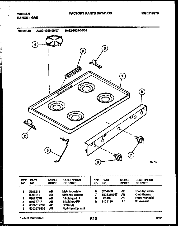 COOKTOP PARTS Diagram and Parts List for 32-1009-23-08  Tappan Range