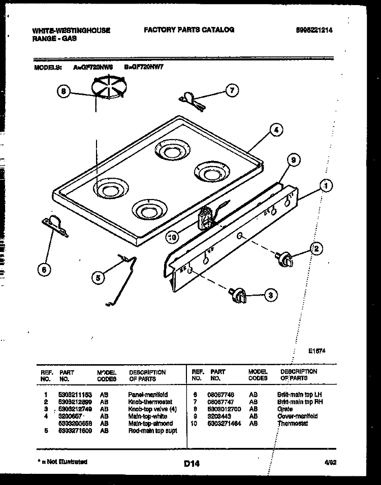COOKTOP PARTS Diagram and Parts List for GF720NW6  Frigidaire Range