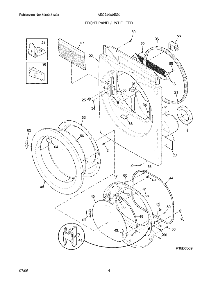 FRONT PANEL / LINT FILTER Diagram and Parts List for AEQB7000EG0  Frigidaire Dryer