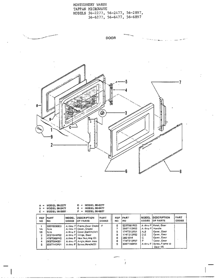 Tappan Microwave/door Diagram and Parts List for 56-2477  Frigidaire Microwave