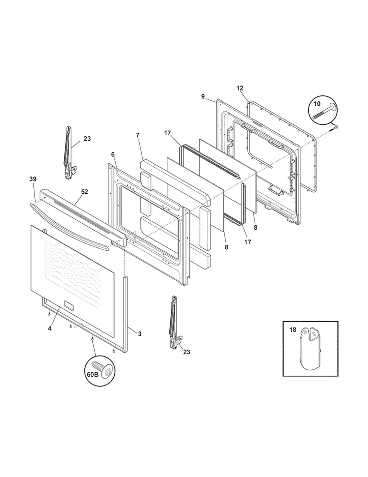 Door Diagram and Parts List for DGGF3032KBM  Frigidaire Range