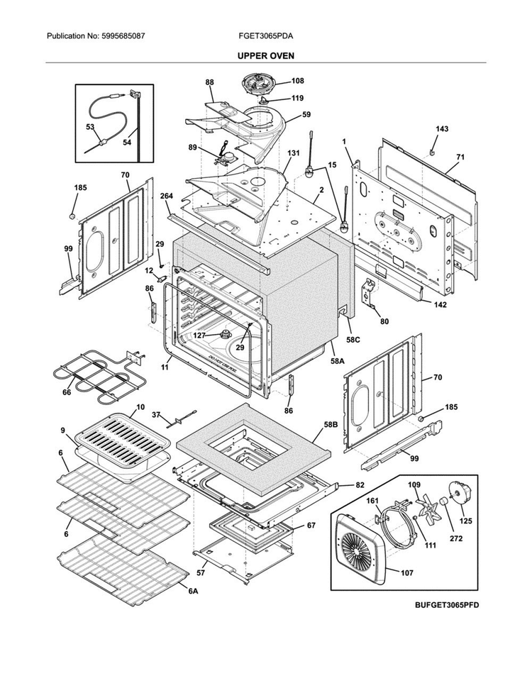 Upper Oven Diagram and Parts List for FGET3065PDA  Frigidaire Wall Oven