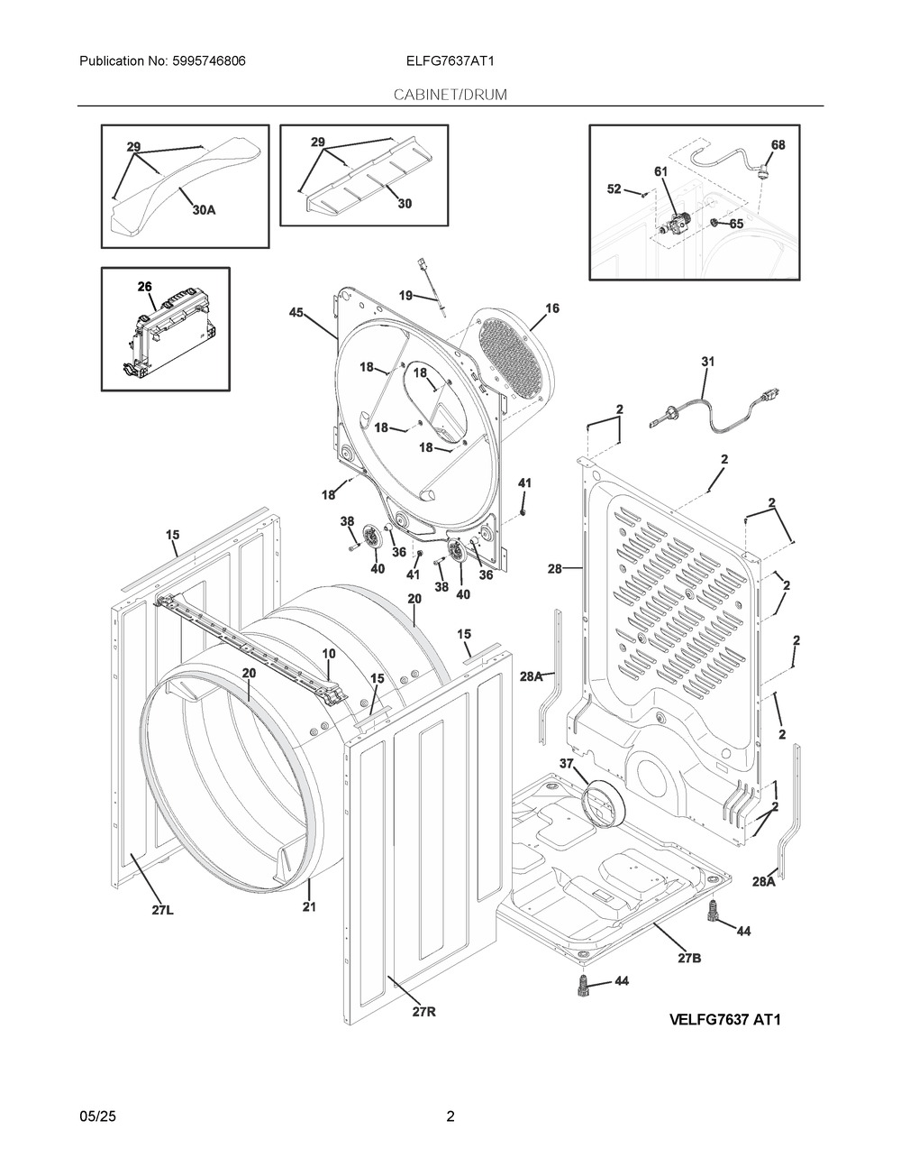 Cabinet/Drum Diagram and Parts List for ELFG7637AT1  Frigidaire Dryer