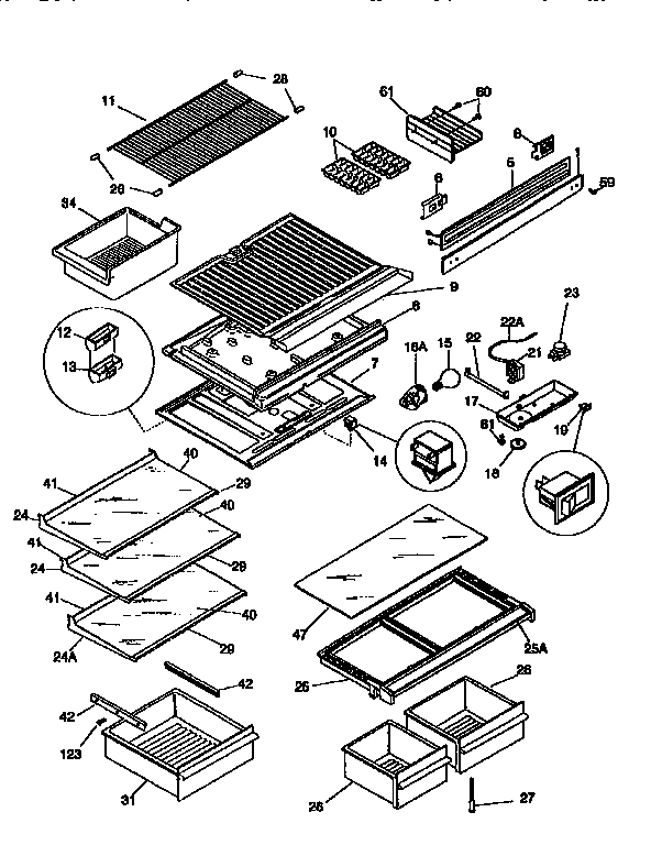 Shelves/controls Diagram and Parts List for FRT21TN0D3  Frigidaire Refrigerator