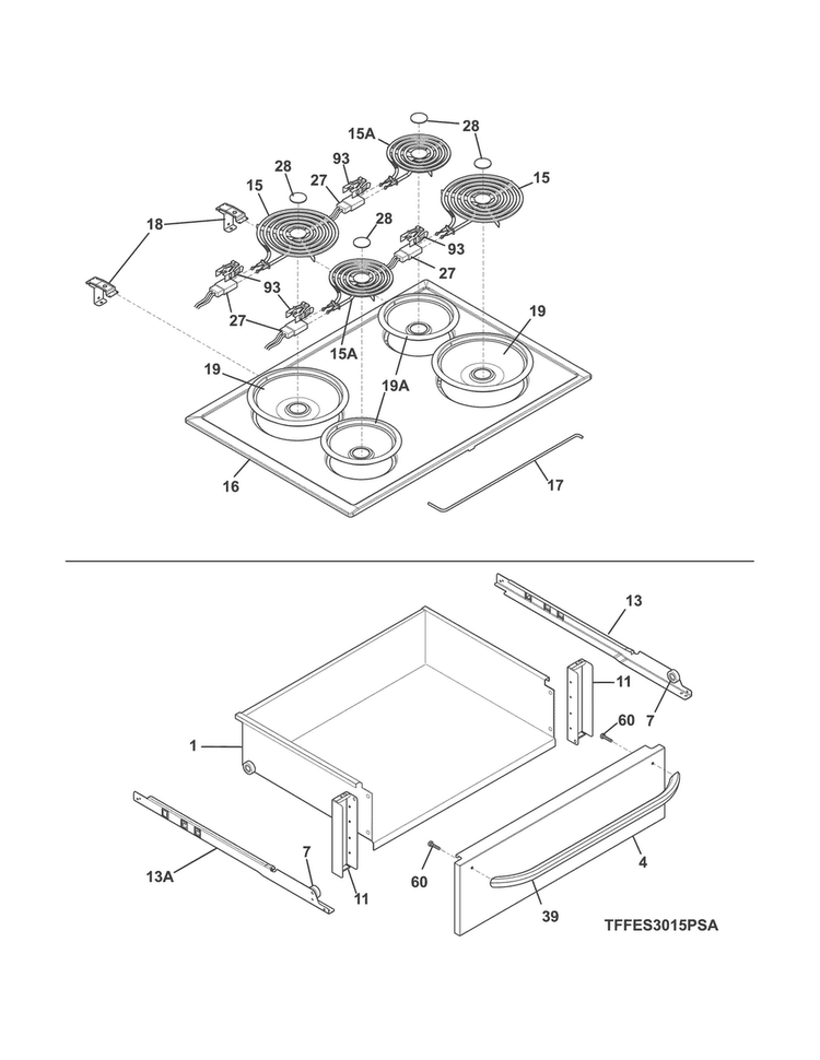 Top/drawer Diagram and Parts List for FFES3015PSA  Frigidaire Range