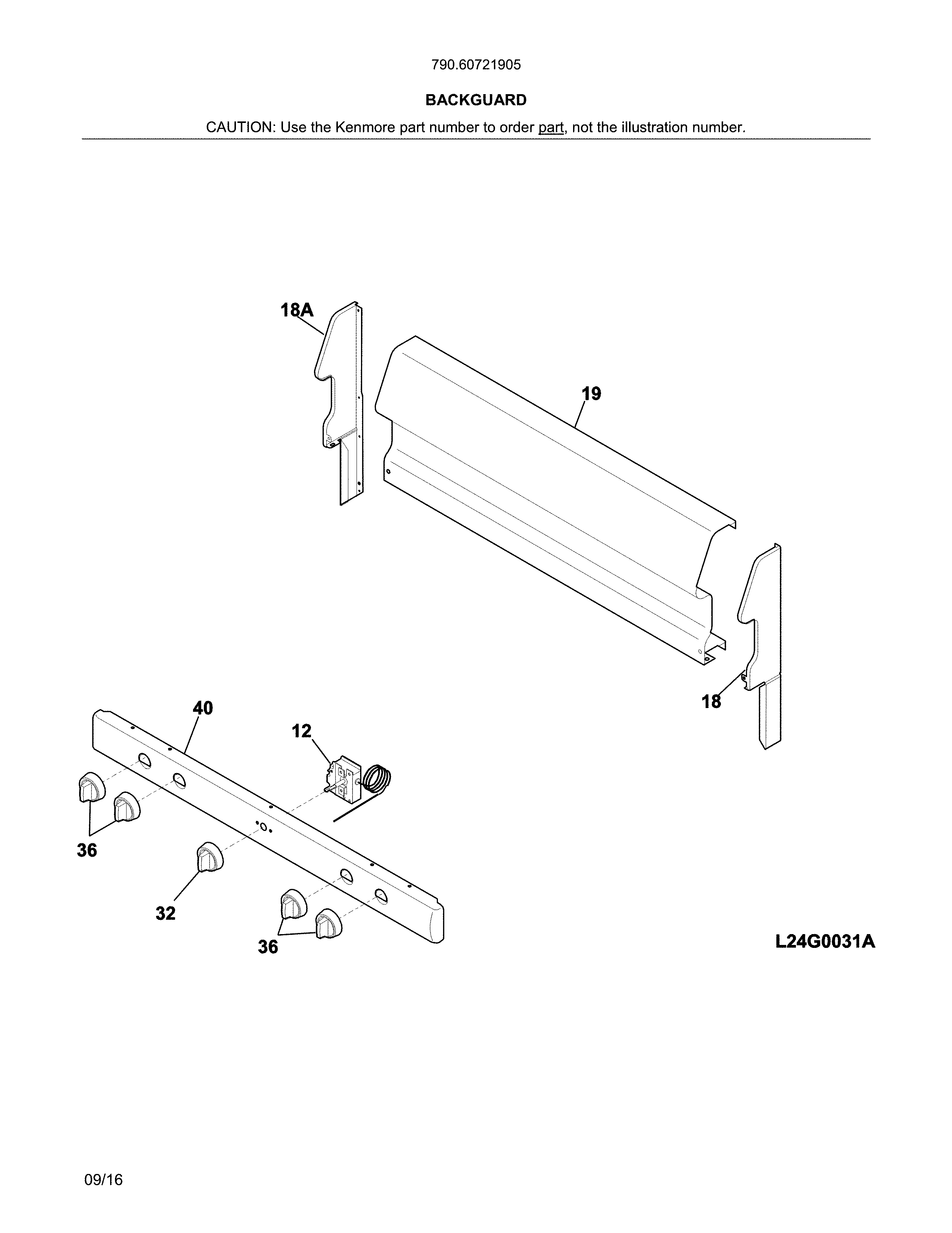 Backguard Diagram and Parts List for 79060721905  Kenmore Range