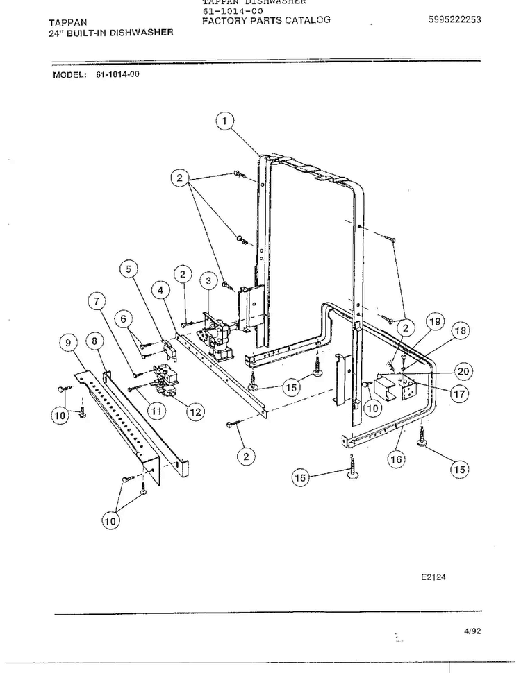 Tappan  24" Built-in Dishwasher Diagram and Parts List for 61-1014-00  Frigidaire Dishwasher