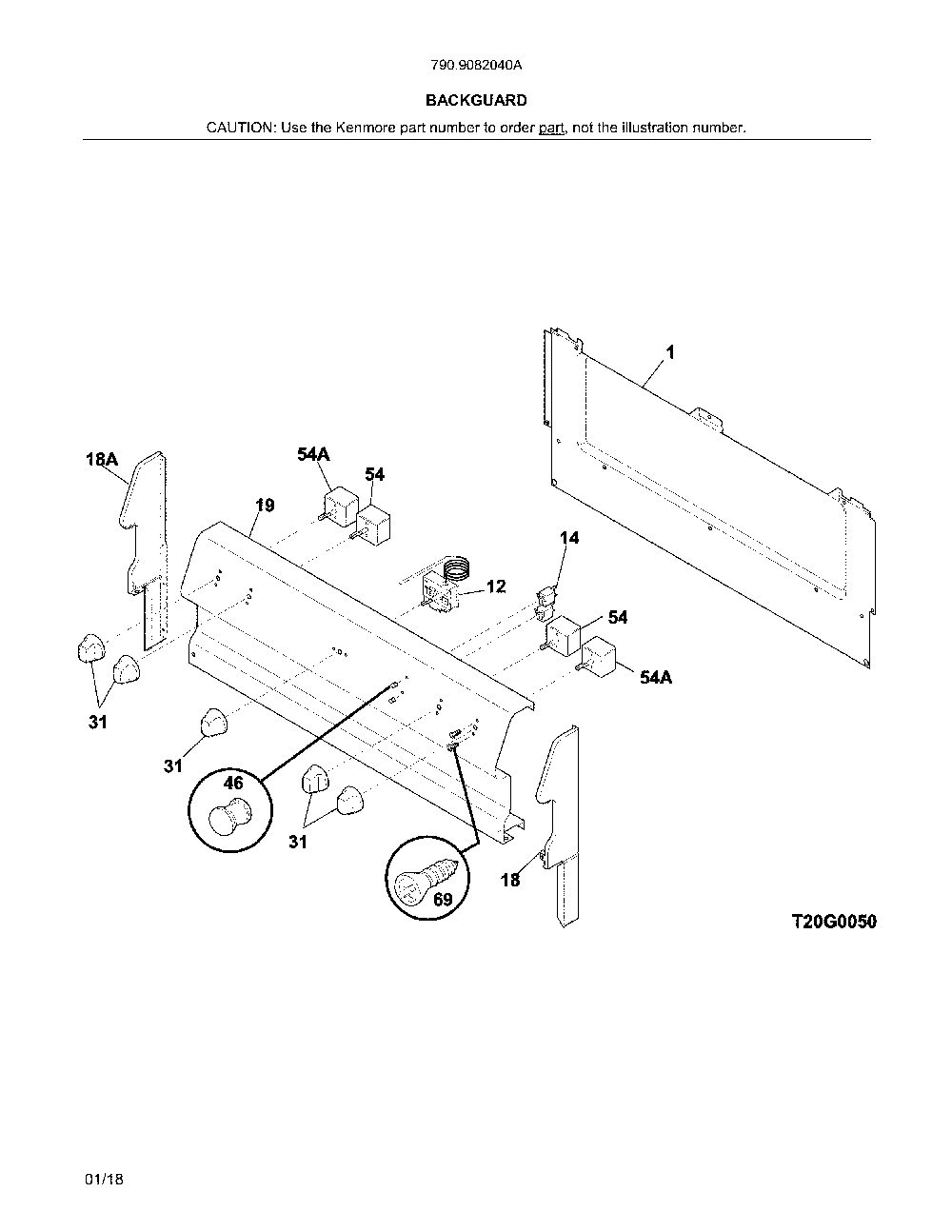 Backguard Diagram and Parts List for 7909082040A  Kenmore Range