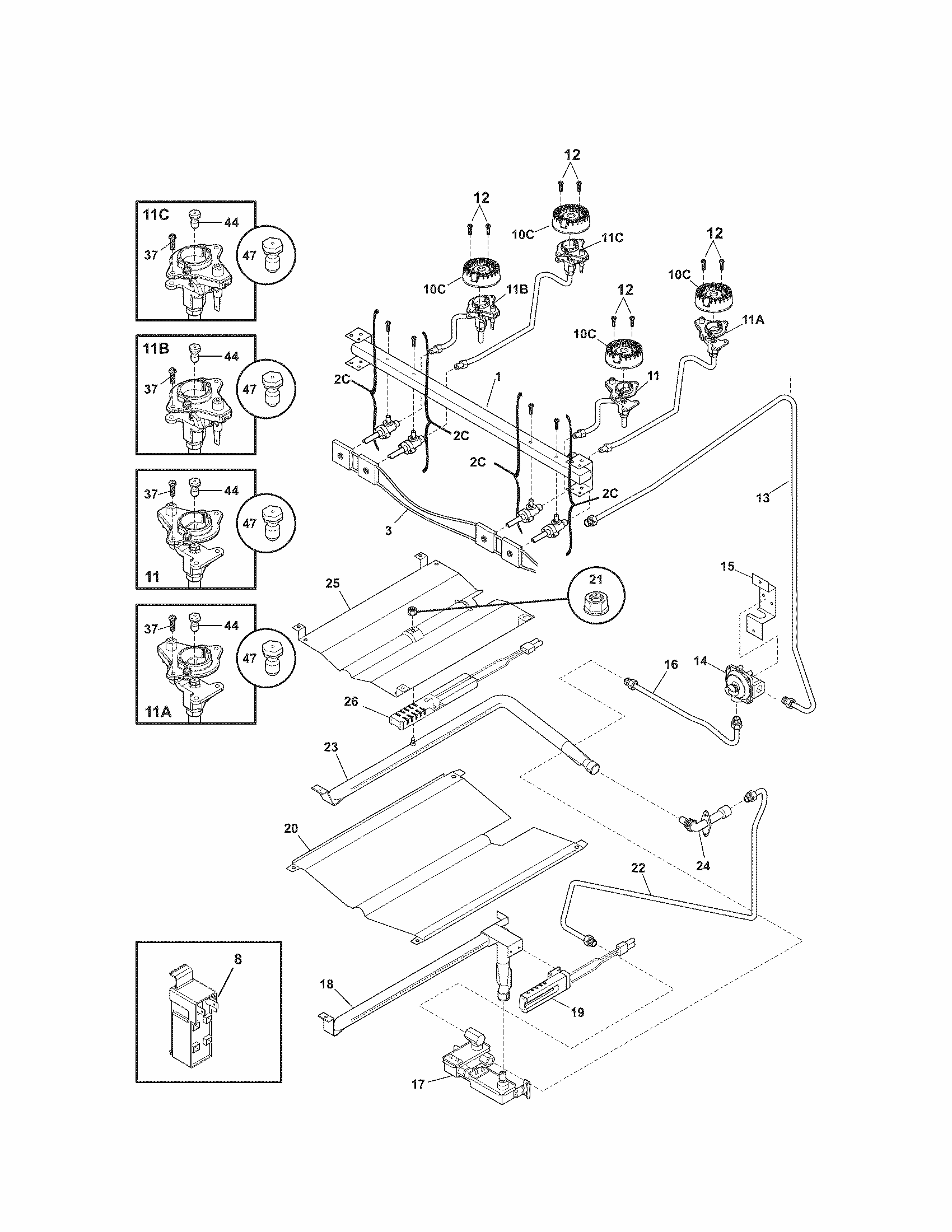 Burner Diagram and Parts List for 79072302012  Kenmore Range