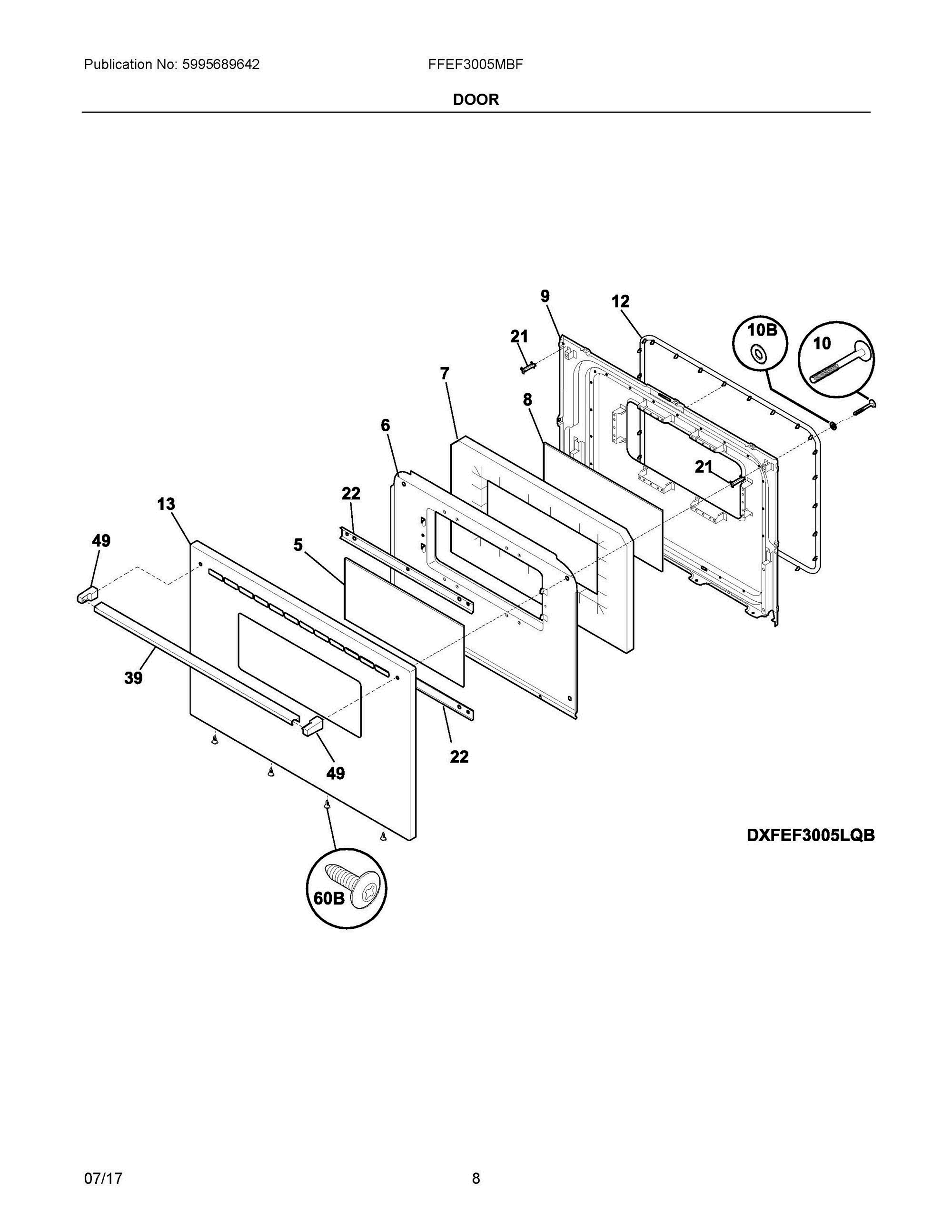 05 - DOOR Diagram and Parts List for FFEF3005MBF  Frigidaire Range