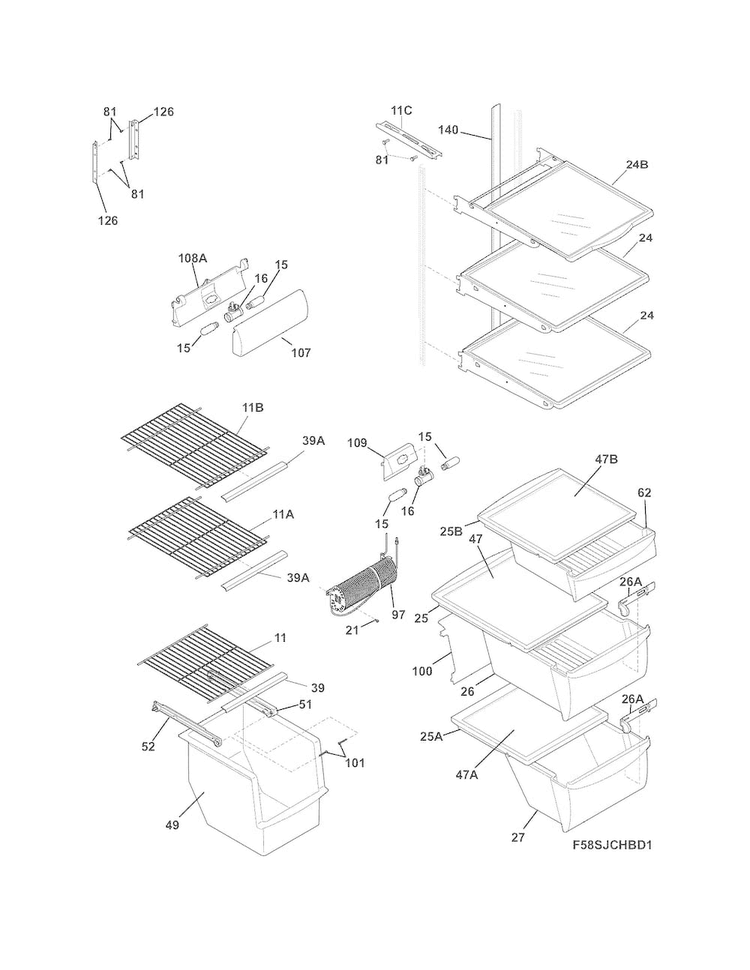 Shelves Diagram and Parts List for DGUS2645LF4  Frigidaire Refrigerator