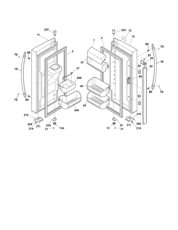 Fresh Food Doors Diagram and Parts List for FGHB2846LF3  Frigidaire Refrigerator