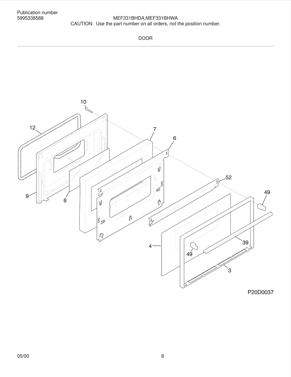 Door Diagram and Parts List for MEF331BHWA  Frigidaire Range