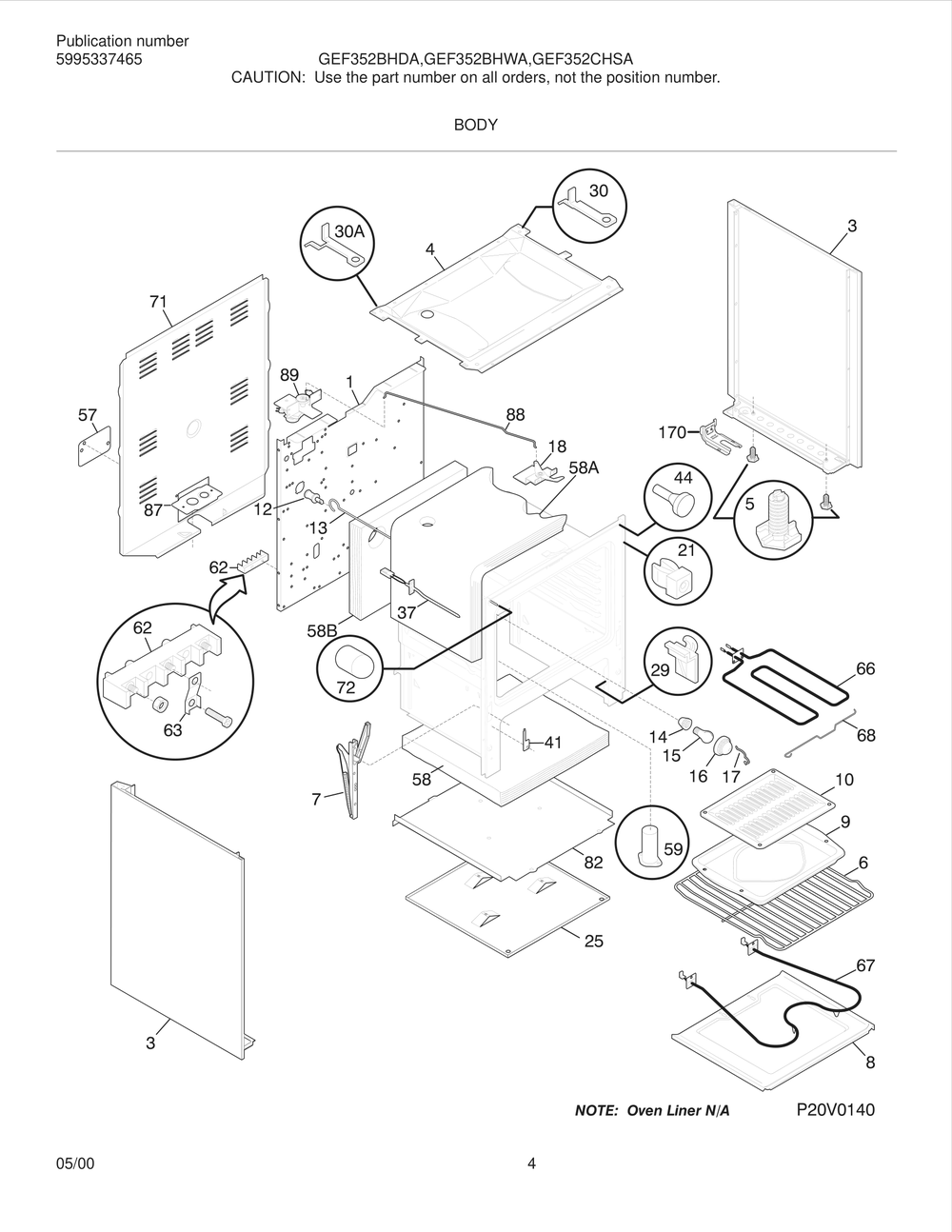 Body Diagram and Parts List for GEF352CHSA  Frigidaire Range