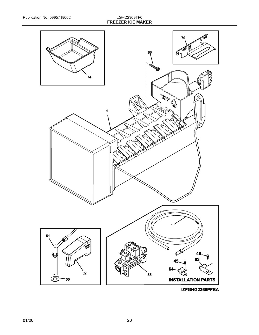 Freezer Ice Maker Diagram and Parts List for LGHD2369TF6  Frigidaire Refrigerator