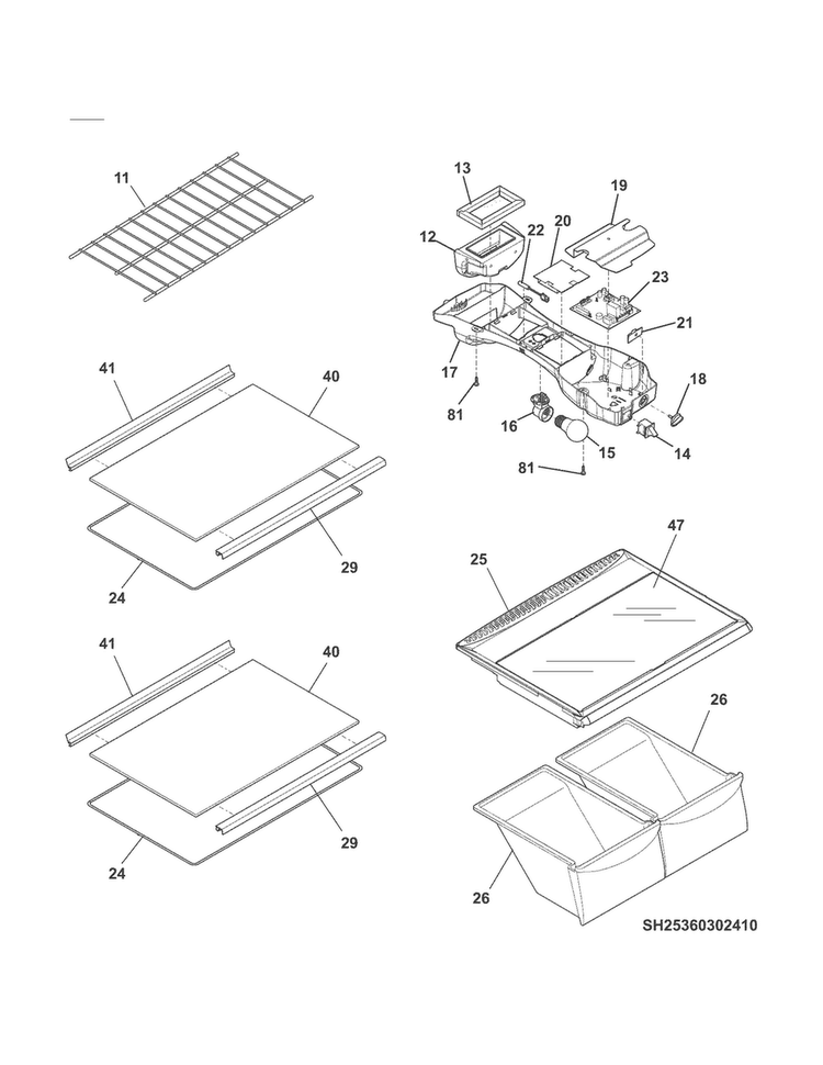 Shelves Diagram and Parts List for 25360404412  Kenmore Refrigerator